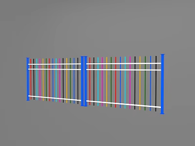 Colorful Fence With Multicolored Vertical Slats Blue Posts And White Rails 3d model