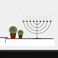 Elegant Candelabra With Lit Candles And Green Spherical Plants On White Shelf