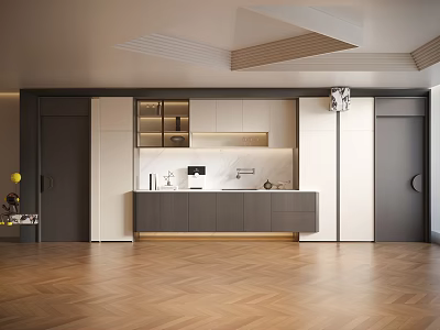 Modern Sideboard Design In Contemporary Home With Gray White Cabinets And LED Lighting 3d model