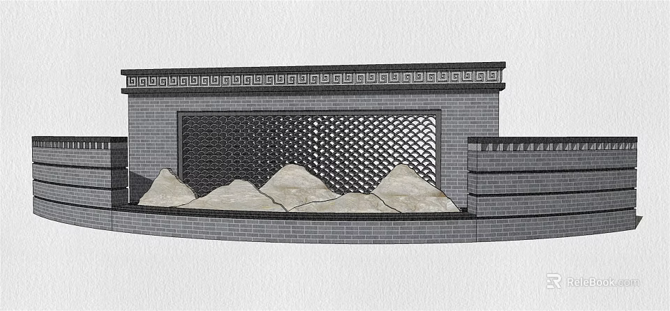 Traditional Garden Wall Design With Brick Structure Lattice Screen And Rockery Formation 3d model 