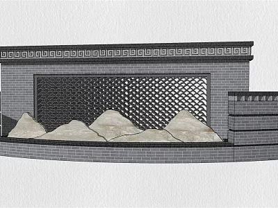 Traditional Garden Wall Design With Brick Structure Lattice Screen And Rockery Formation 3d model