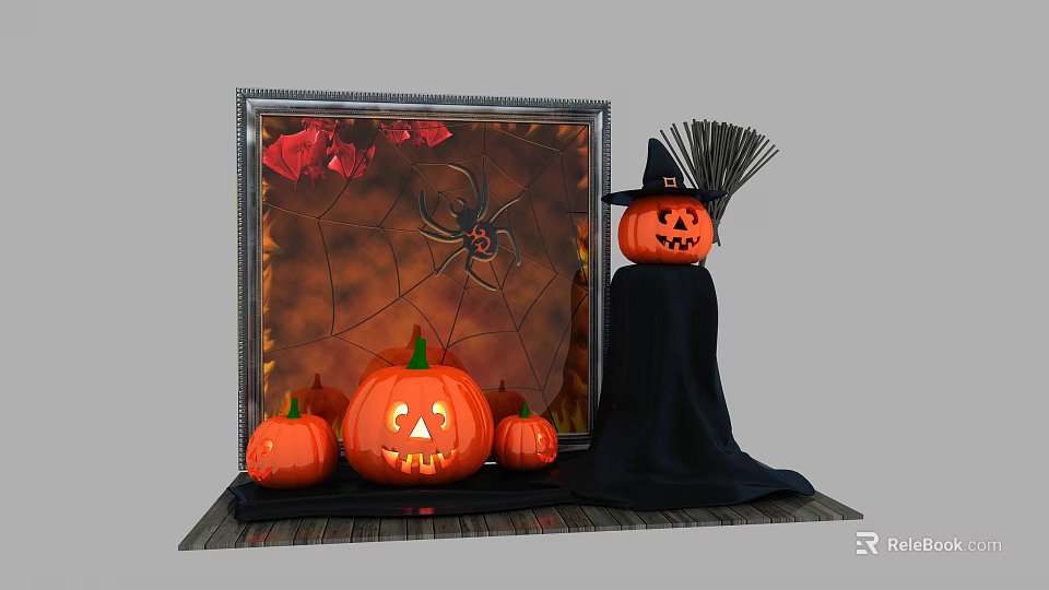 Halloween Decorations With Jack o Lanterns Spider Web Witch Hat And Broom 3d model 