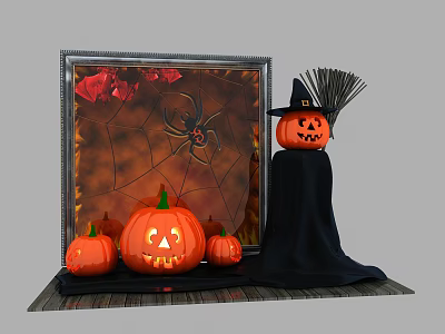 Halloween Decorations With Jack o Lanterns Spider Web Witch Hat And Broom 3d model
