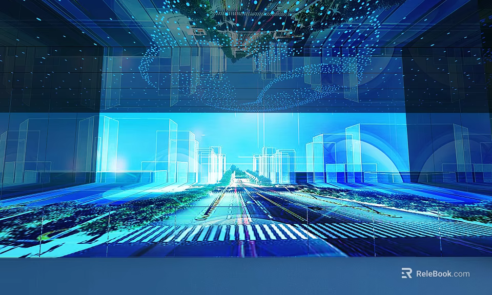 Future Digital Urban Landscape With Blue Light Effects And Architectural Elements 3d model 