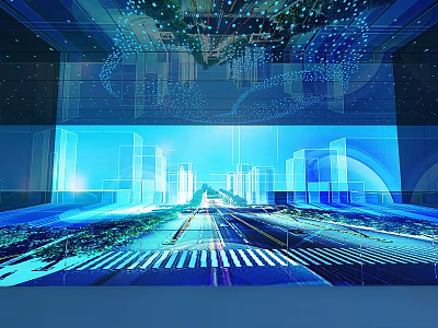 Future Digital Urban Landscape With Blue Light Effects And Architectural Elements 3d model