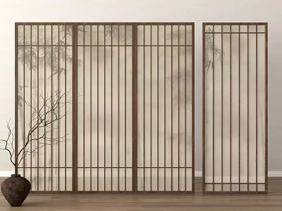 Japanese Style Room Divider With Wooden Slats Translucent Panel And Dry Branch Decor 3d model