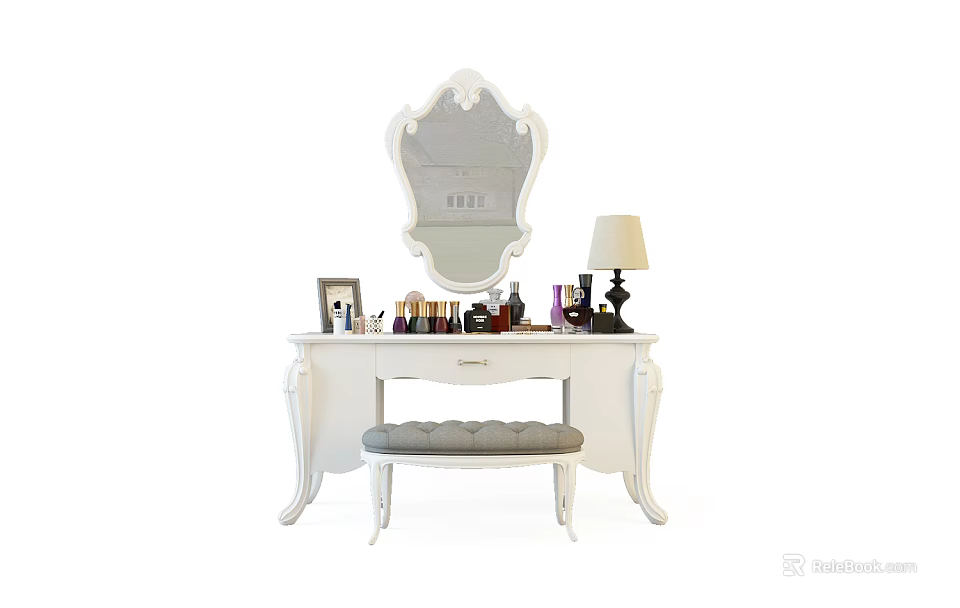 White Ornate Mirror Dressing Table With Cosmetics Table Lamp And Upholstered Stool 3d model