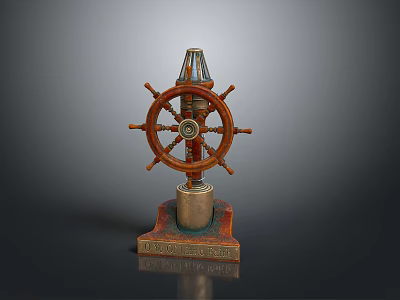 Vintage Wooden Ship Wheel Decorative Ornament With Central Column And Carved Base 3d model