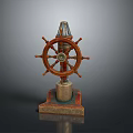Vintage Wooden Ship Wheel Decorative Ornament With Central Column And Carved Base