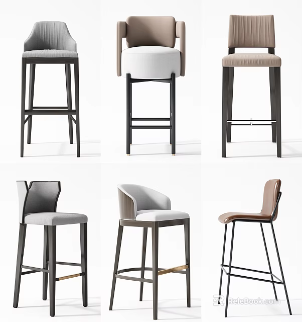 Modern Bar Stools With Fabric Seats And Metal Wooden Legs In Neutral Tones 3d model 