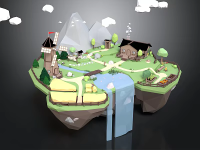 Floating Island Scenic Landscape With Windmill Cottages River Waterfall Green Trees Clouds And Mountains 3d model