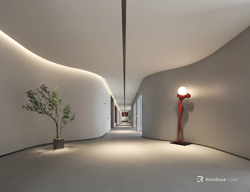 Modern Elevator Corridor With Curved Walls Green Plant And Art Lamp 3d model 