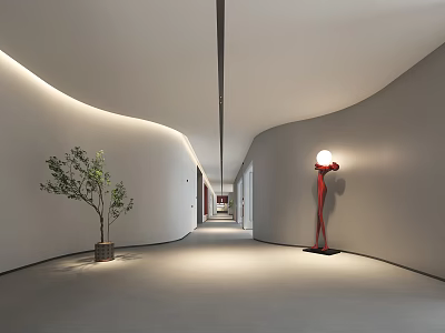 Modern Elevator Corridor With Curved Walls Green Plant And Art Lamp 3d model