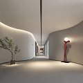 Modern Elevator Corridor With Curved Walls Green Plant And Art Lamp