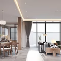 Modern Dining and Living Room Interior With Comfortable Sofa Wooden Coffee Table And Large Windows