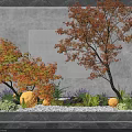 Garden Ornament Featuring Red Maple Tree Gray Perforated Wall Pebbles Purple Flowers Glowing Sphere and Ferns