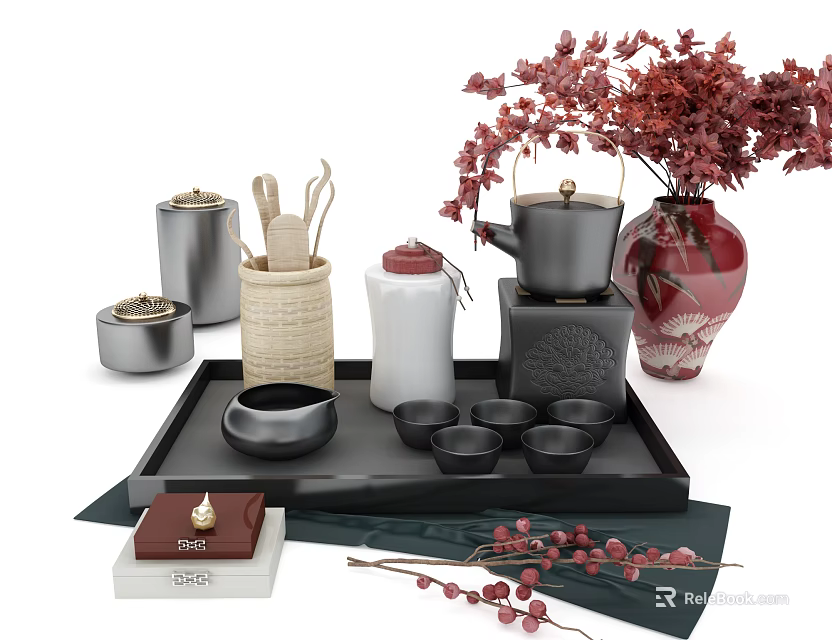 Traditional Chinese Tea Set With Black Tray Multiple Cups Teapot And Red Flowers 3d model 