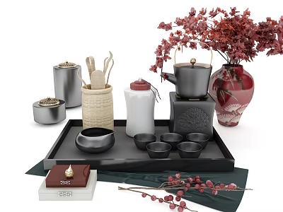 Traditional Chinese Tea Set With Black Tray Multiple Cups Teapot And Red Flowers 3d model