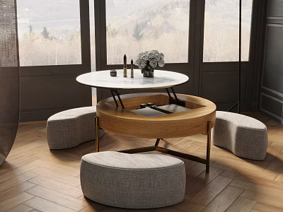 Elegant Round Coffee Table with Wooden Top Metal Base and Upholstered Stools in Bright Room 3d model