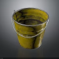 Vintage Yellow Bucket With Metal Handle And Stained Worn Surface