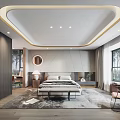 Modern Bedroom Interior Design With Circular Ceiling Lighting Large Windows And Soft Area Rug 3d model