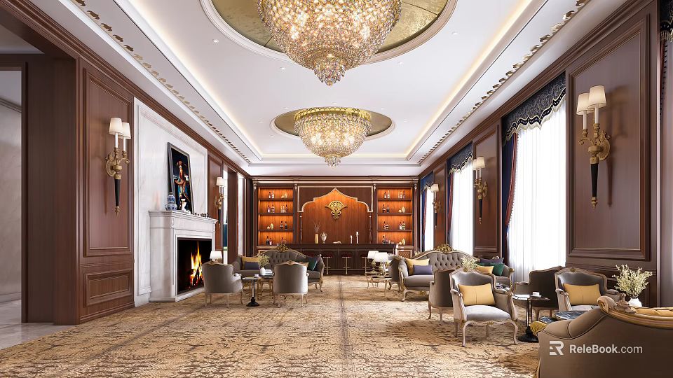 Luxurious Hotel Lobby Interior With Crystal Chandeliers Wooden Walls Fireplace And Elegant Sofas 3d model 