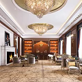 Luxurious Hotel Lobby Interior With Crystal Chandeliers Wooden Walls Fireplace And Elegant Sofas