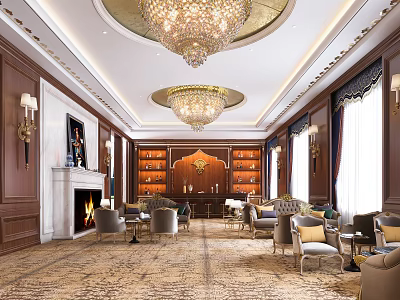 Luxurious Hotel Lobby Interior With Crystal Chandeliers Wooden Walls Fireplace And Elegant Sofas 3d model