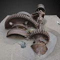 Scenic Landscape Featuring Rusted Metal Gears and Machinery Parts on Sandy Ground with Stones