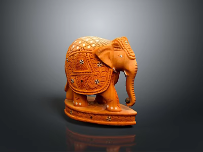 Traditional Wooden Elephant Sculpture With Intricate Carvings And Decorative Base 3d model