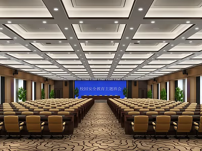 Spacious Conference Room With Row Seating Large Projection Screen Modern Ceiling And Green Plants 3d model