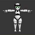3D White And Black Robot Character With Green Eyes Extended Arms Standing On Black Background