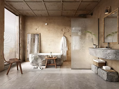 Natural Rustic Bathroom Interior With Stone Bathtub Sink Counter Hanging Towel And Potted Plant 3d model