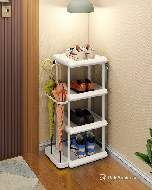 White Three Tier Shoe Rack With Sneakers Leather Shoes And Hanging Umbrellas 3d model 
