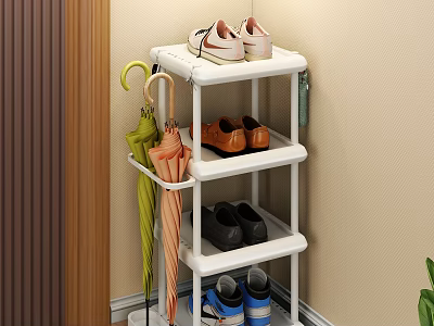 White Three Tier Shoe Rack With Sneakers Leather Shoes And Hanging Umbrellas 3d model