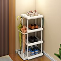 White Three Tier Shoe Rack With Sneakers Leather Shoes And Hanging Umbrellas