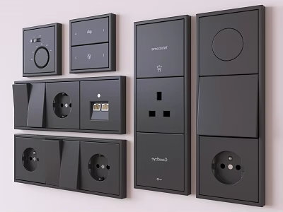 Modern Black Switch Panels With Various Designs Including USB Ports And Sockets 3d model