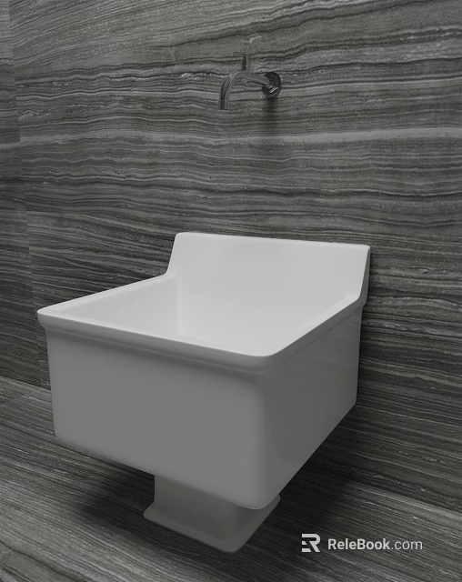 Modern White Wall Mounted Sink With Gray Wood Patterned Wall Background 3d model 