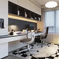 Modern Study Room With Black And White Bookshelves Desk Chairs And Decorative Rug
