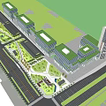 Modern Office Building Complex With Green Roofs Landscaped Areas And Tower Structure
