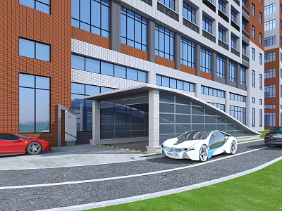 Modern Building Parking Entrance With Covered Structure Vehicles Roadway And Green Landscaping 3d model