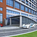Modern Building Parking Entrance With Covered Structure Vehicles Roadway And Green Landscaping