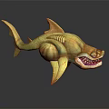 3D Fantasy Shark Character Model Featuring Yellow Body Open Mouth And Sharp Teeth