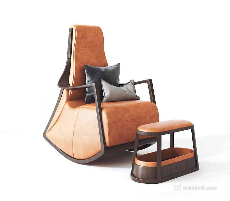 Modern Orange Leather Leisure Chair With Dark Wood Frame Two Gray Cushions And Matching Ottoman 3d model 
