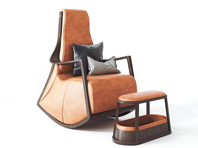 Modern Orange Leather Leisure Chair With Dark Wood Frame Two Gray Cushions And Matching Ottoman 3d model