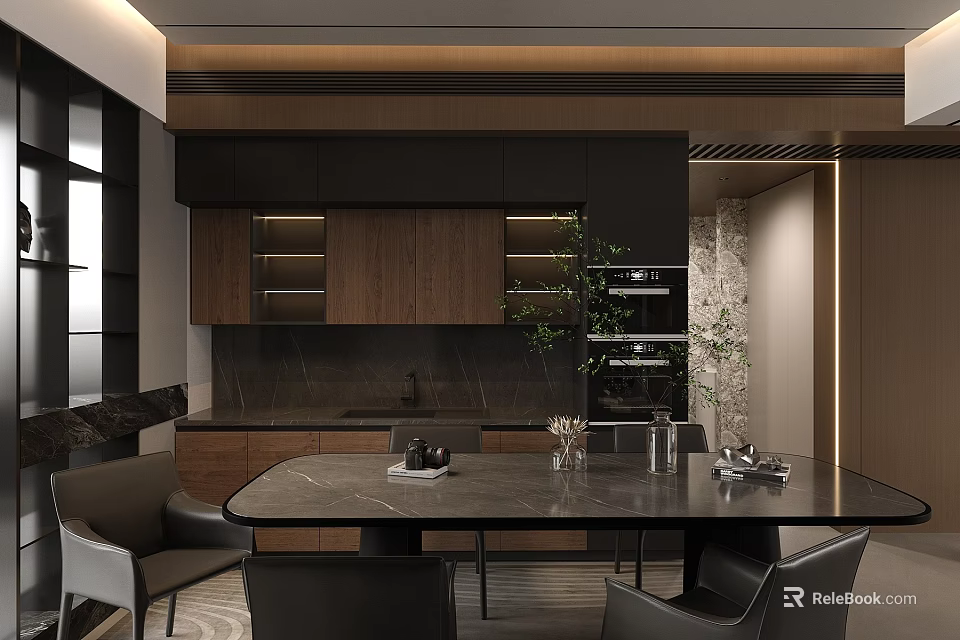 Modern Restaurant Interior With Wooden Cabinets Black Countertop Dining Table Chairs And Decorative Plant 3d model 