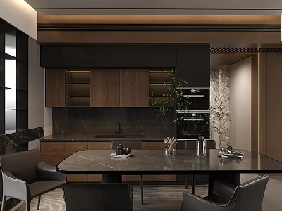 Modern Restaurant Interior With Wooden Cabinets Black Countertop Dining Table Chairs And Decorative Plant 3d model