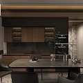 Modern Restaurant Interior With Wooden Cabinets Black Countertop Dining Table Chairs And Decorative Plant