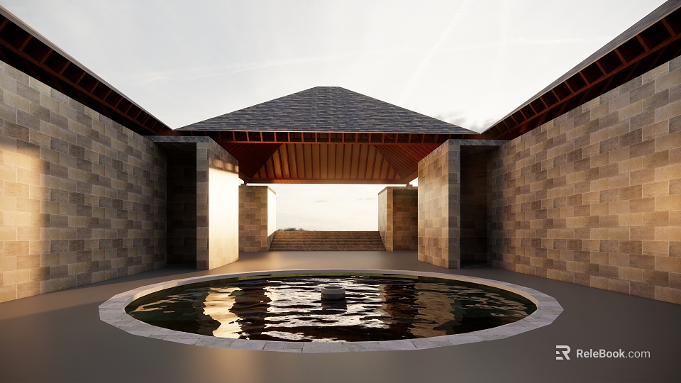 Modern Public Toilet Exterior Featuring Stone Walls Wooden Roof And Circular Pool Courtyard Design 3d model 