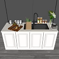 Modern Kitchenware Setup With White Cabinets Sink Spice Jars And Greenery